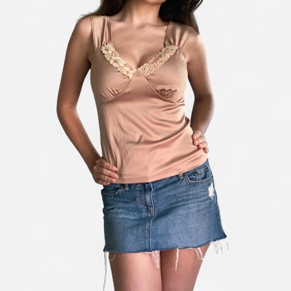 Vintage Tan satin lace cami top with V-neckline and beading and underwire detail - Picture 1 of 5